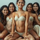 Group of Women in Matching Beige Lingerie and Flowers