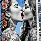 Mural of Two Women Embracing with Floral Tattoos
