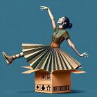 Stylish Woman on Cardboard Box with Newspaper Dress