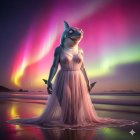 Surreal Beach Scene with Shark Head and Auroras