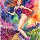 Watercolor Illustration of Woman in Spiderweb Landscape