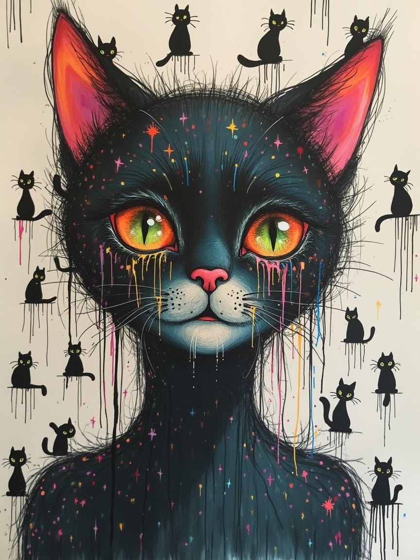 Whimsical Portrait of a Colorful Black Cat