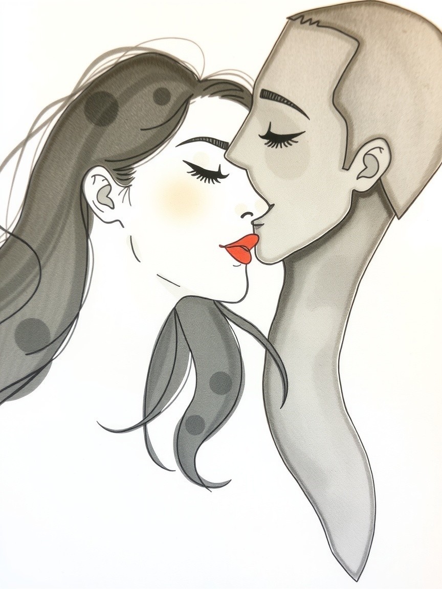 Stylized Illustration of a Couple Kissing in Grayscale