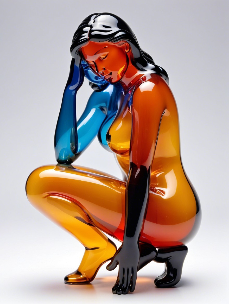 Glass Sculpture of Seated Female Figure in Amber and Blue