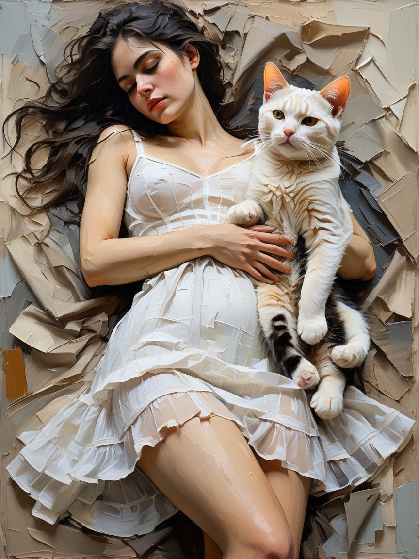 Woman in White Dress with Cat on Neutral Surface