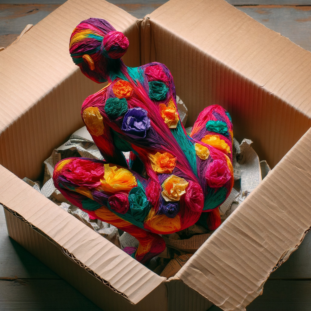 Colorful Yarn Sculpture of Seated Figure in Box