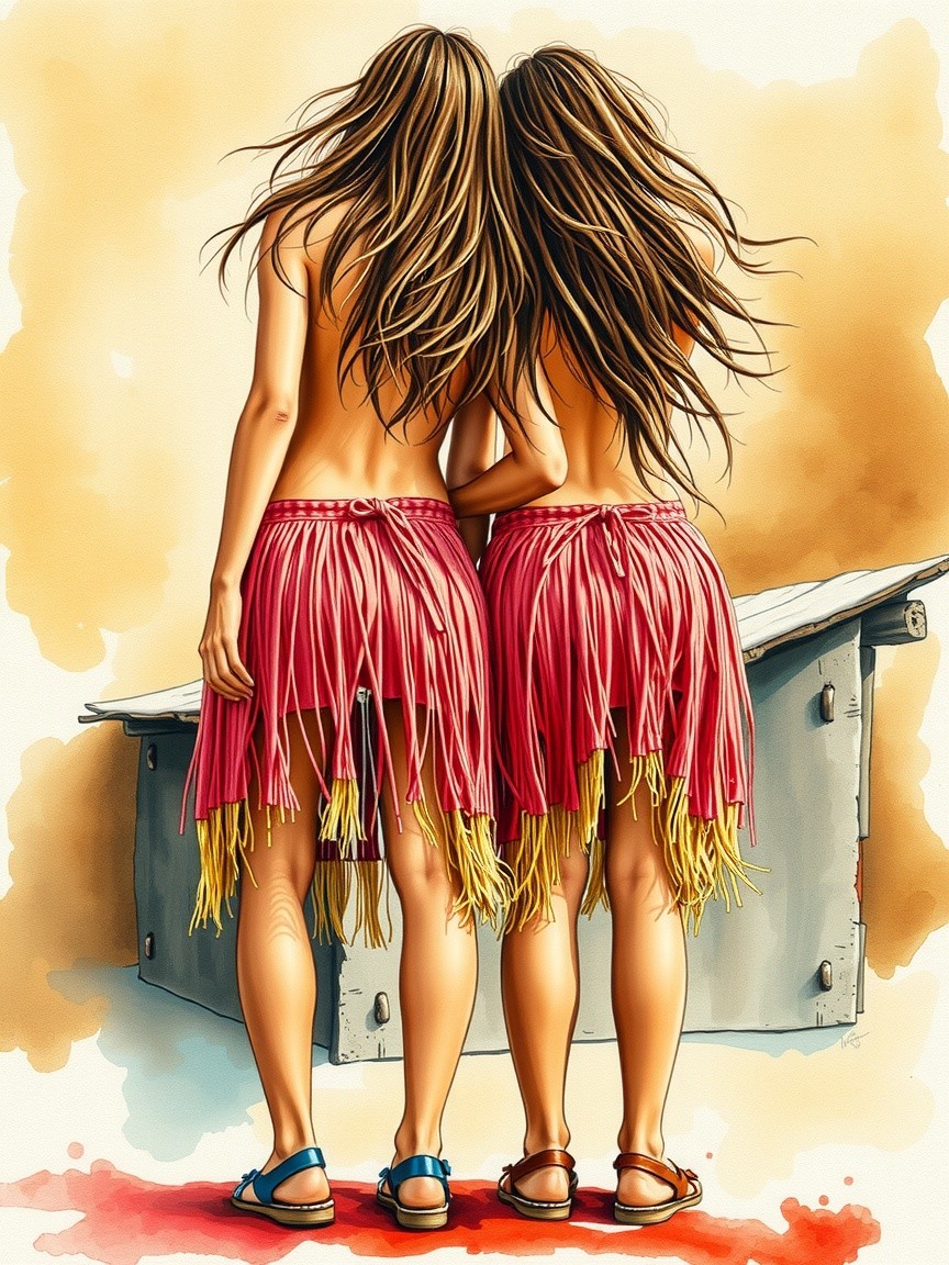 Young women in fringed skirts with warm abstract backdrop