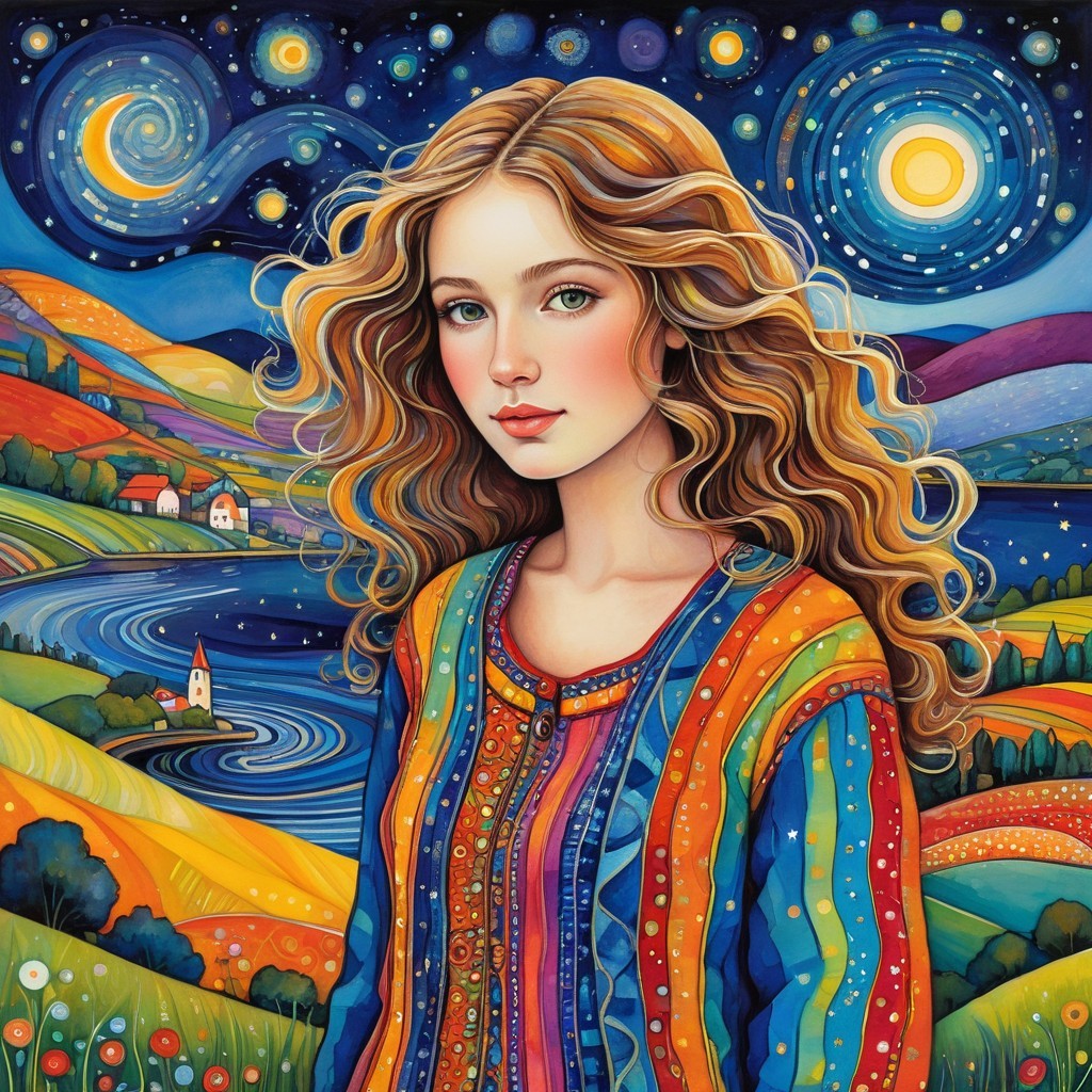 Young woman in colorful garment against vibrant landscape