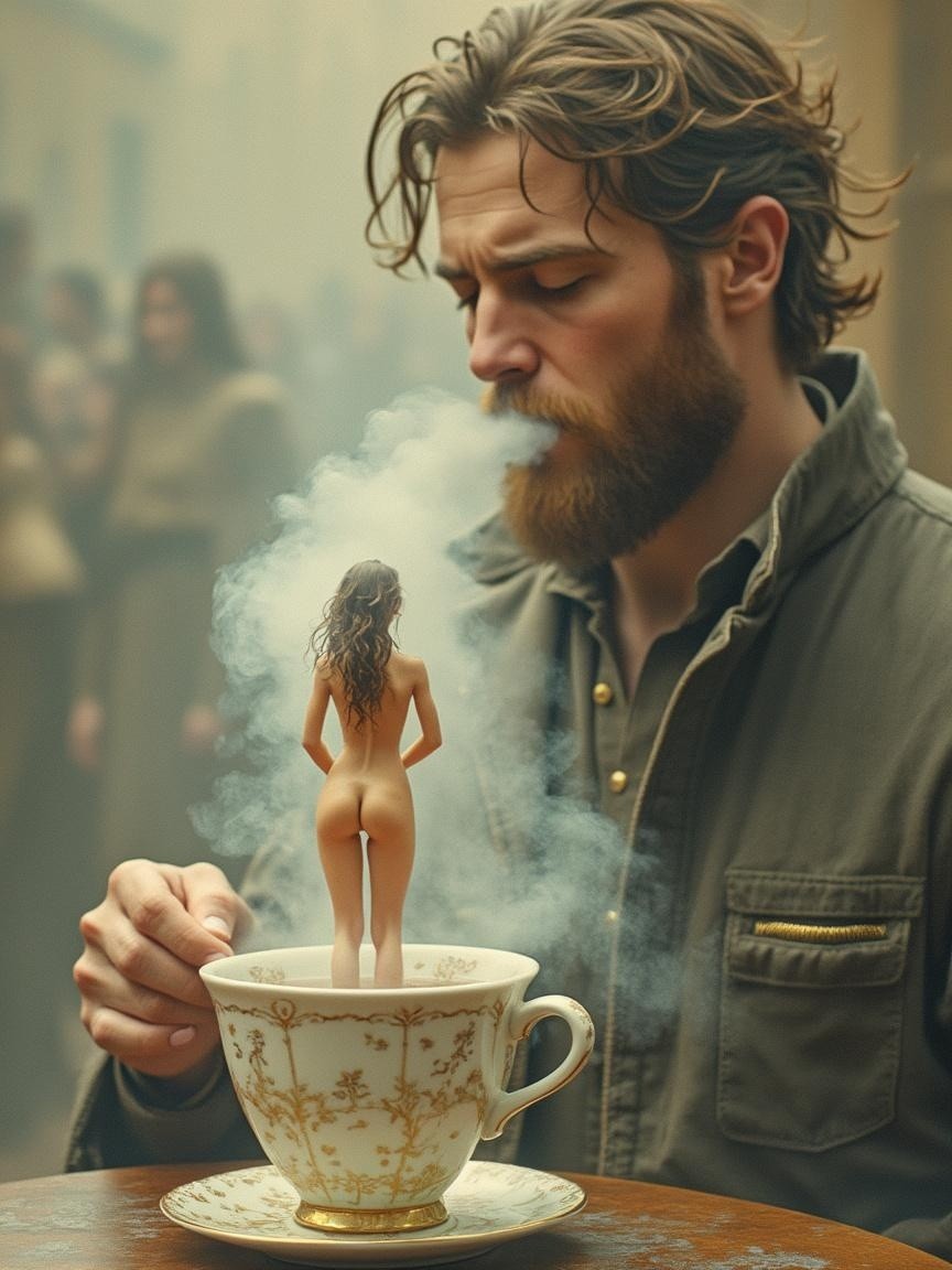 Surreal Scene with Man, Smoke, and Teacup Figure