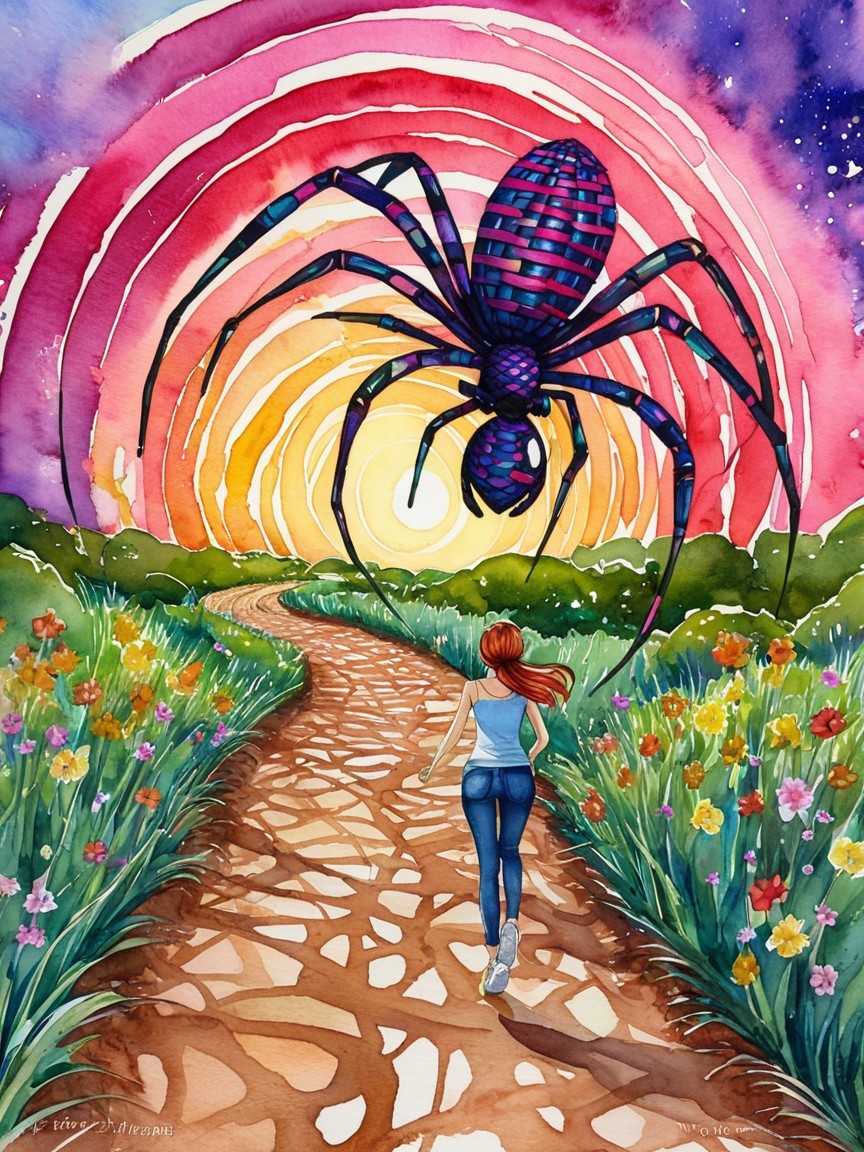 Young woman jogging on a flower-lined path at sunset