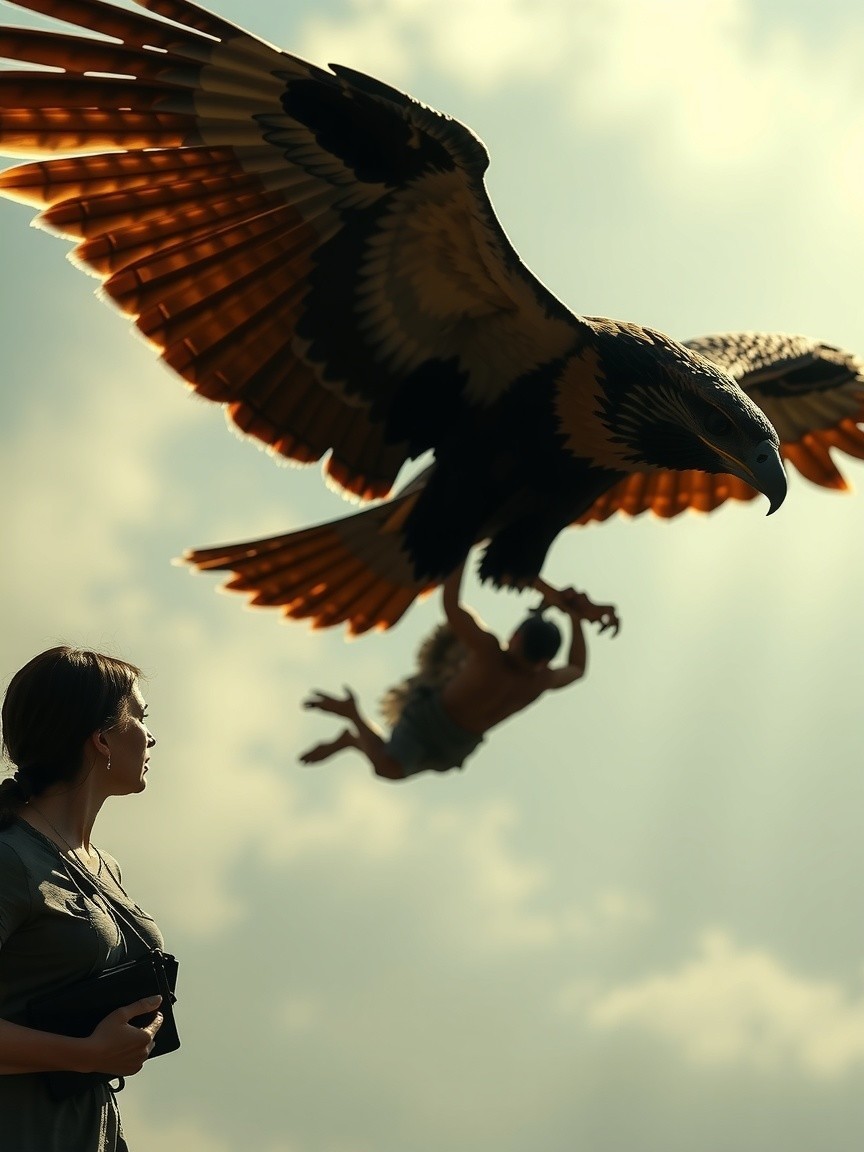 Eagle in Sky with Child and Woman Holding Camera
