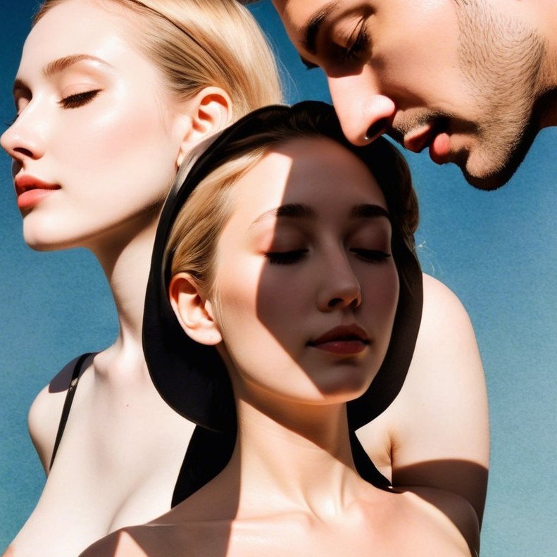 Three Individuals with Ethereal Beauty in Blue Setting