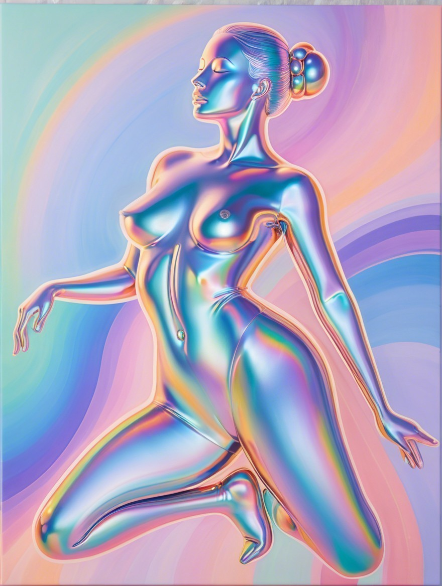 Iridescent Kneeling Woman with Pastel Color Blend