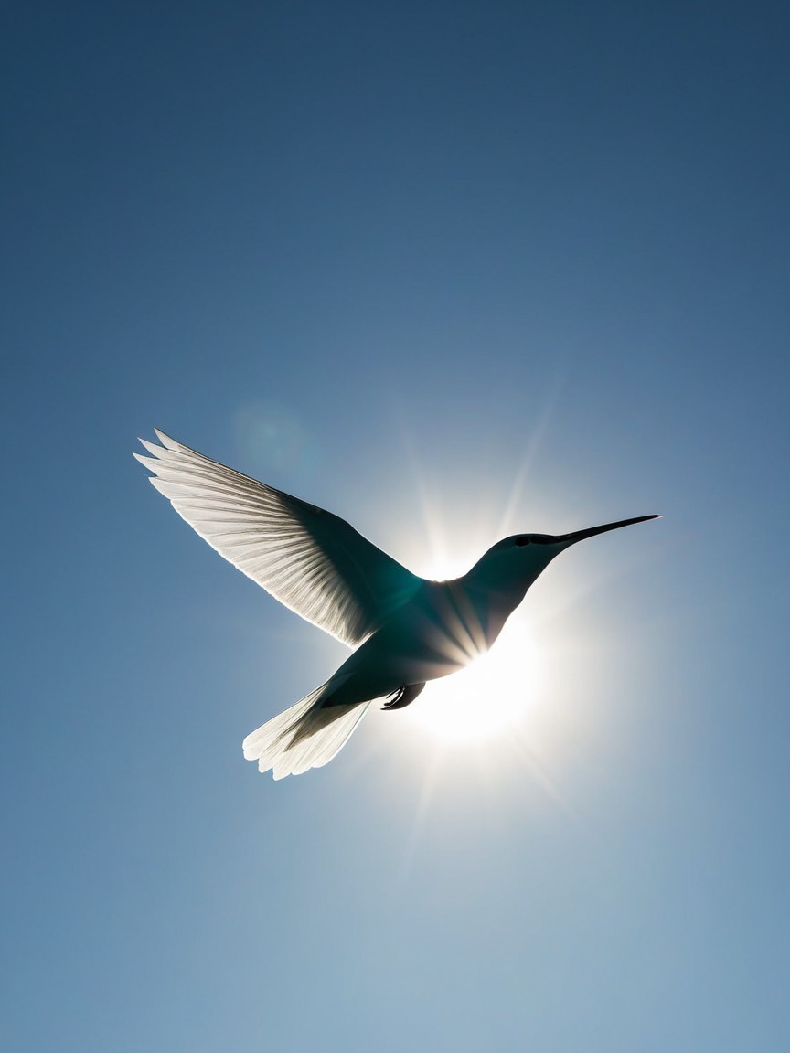 Bird Soaring Against Bright Blue Sky with Sun Halo