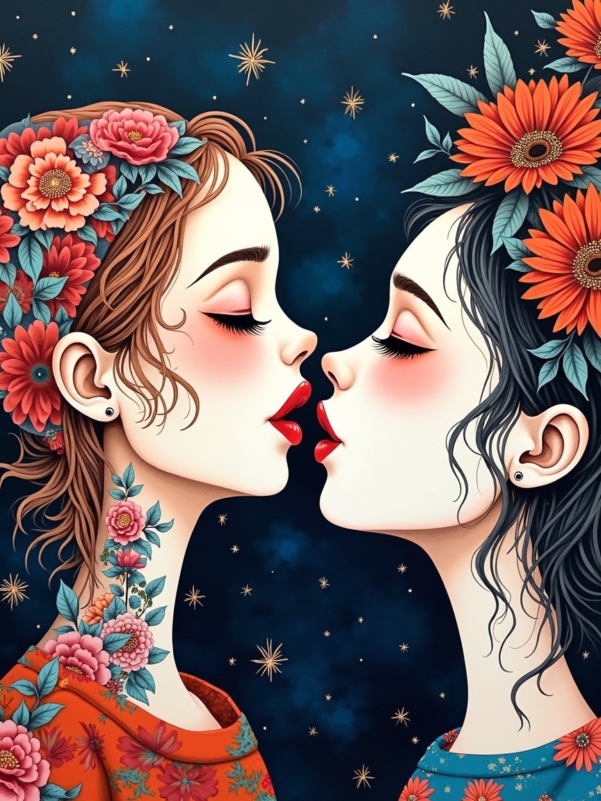 Illustration of Two Women Kissing with Floral Accents