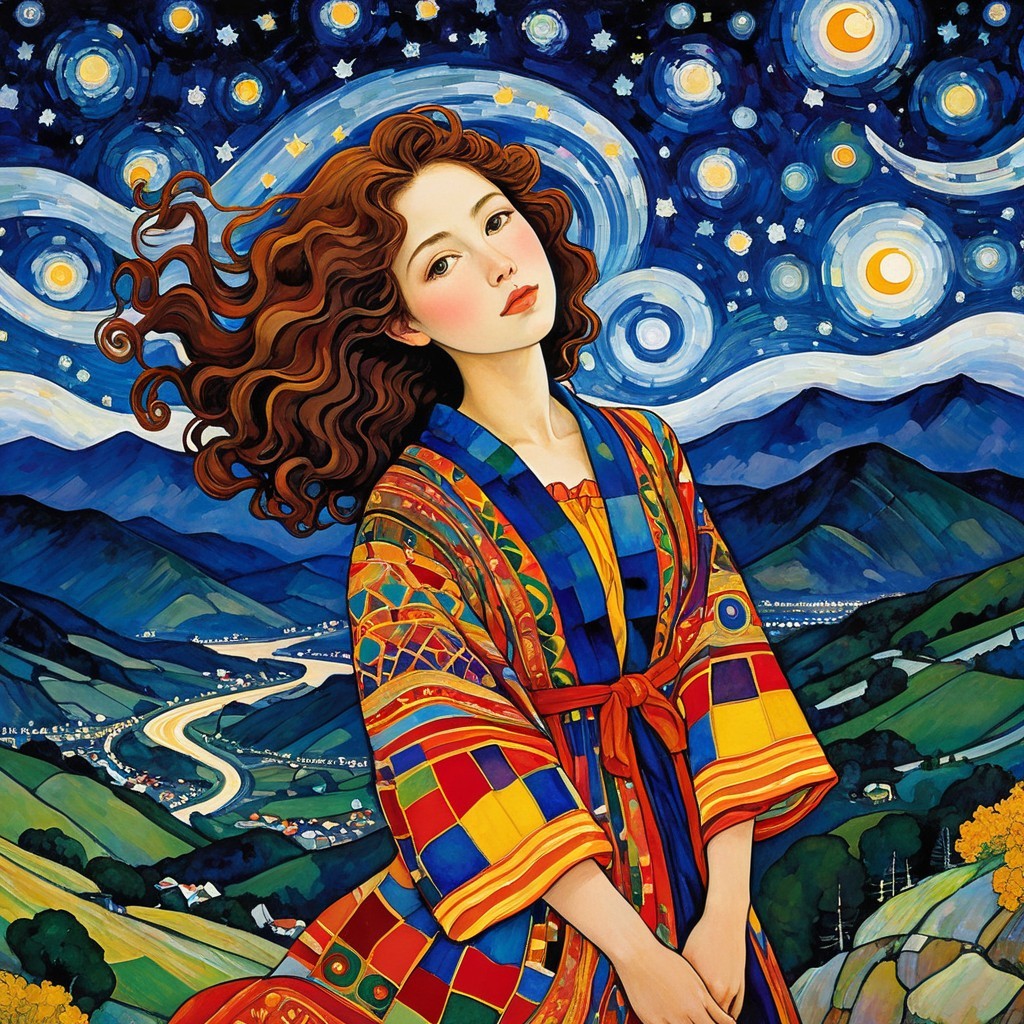 Young woman in patterned robe under starry night sky