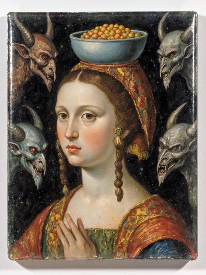 Woman in Traditional Attire Surrounded by Demons