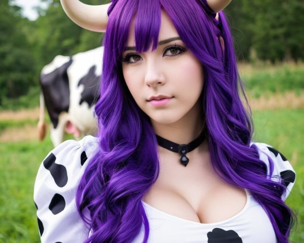 Young woman with purple hair in cow-patterned outfit