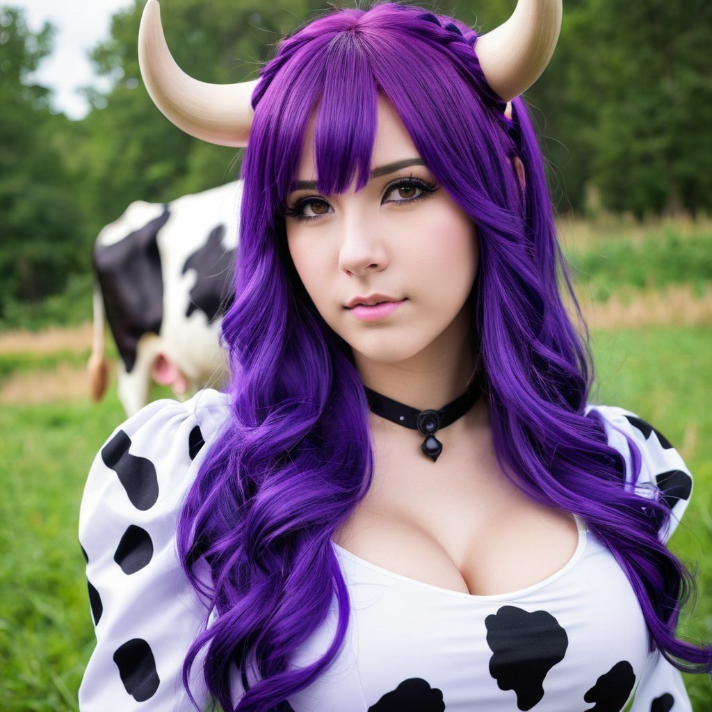 Young woman with purple hair in cow-patterned outfit