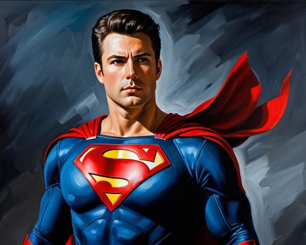 Muscular Superhero in Blue Suit with Red Cape