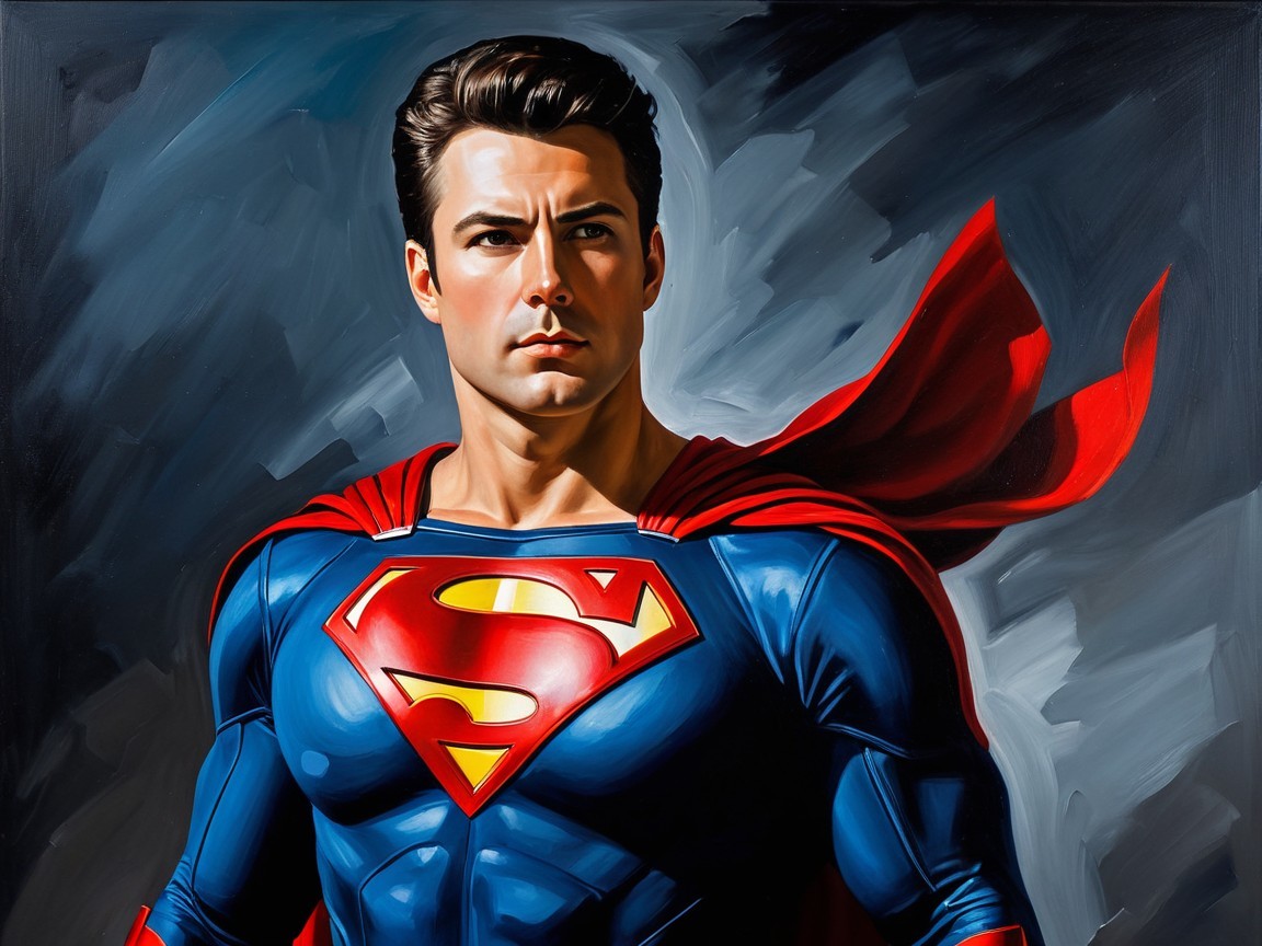 Muscular Superhero in Blue Suit with Red Cape