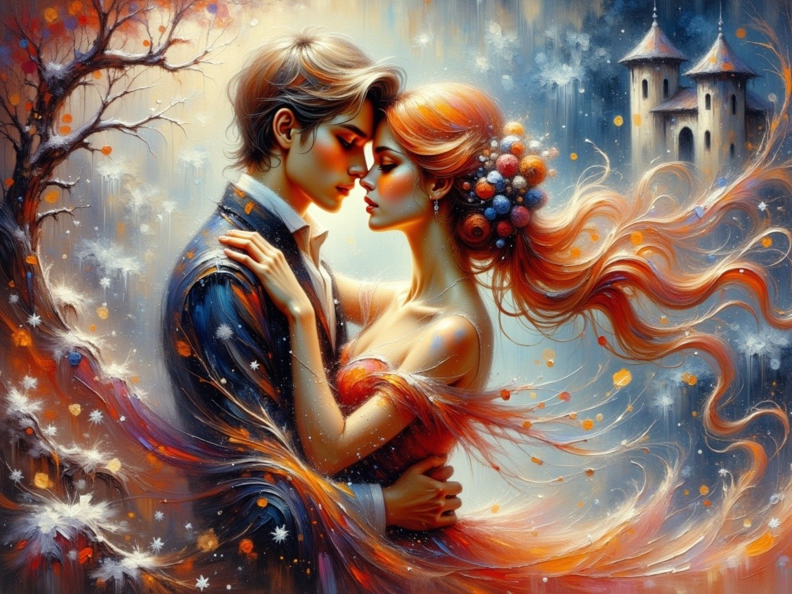 Couple Embraced in Vibrant, Ethereal Landscape