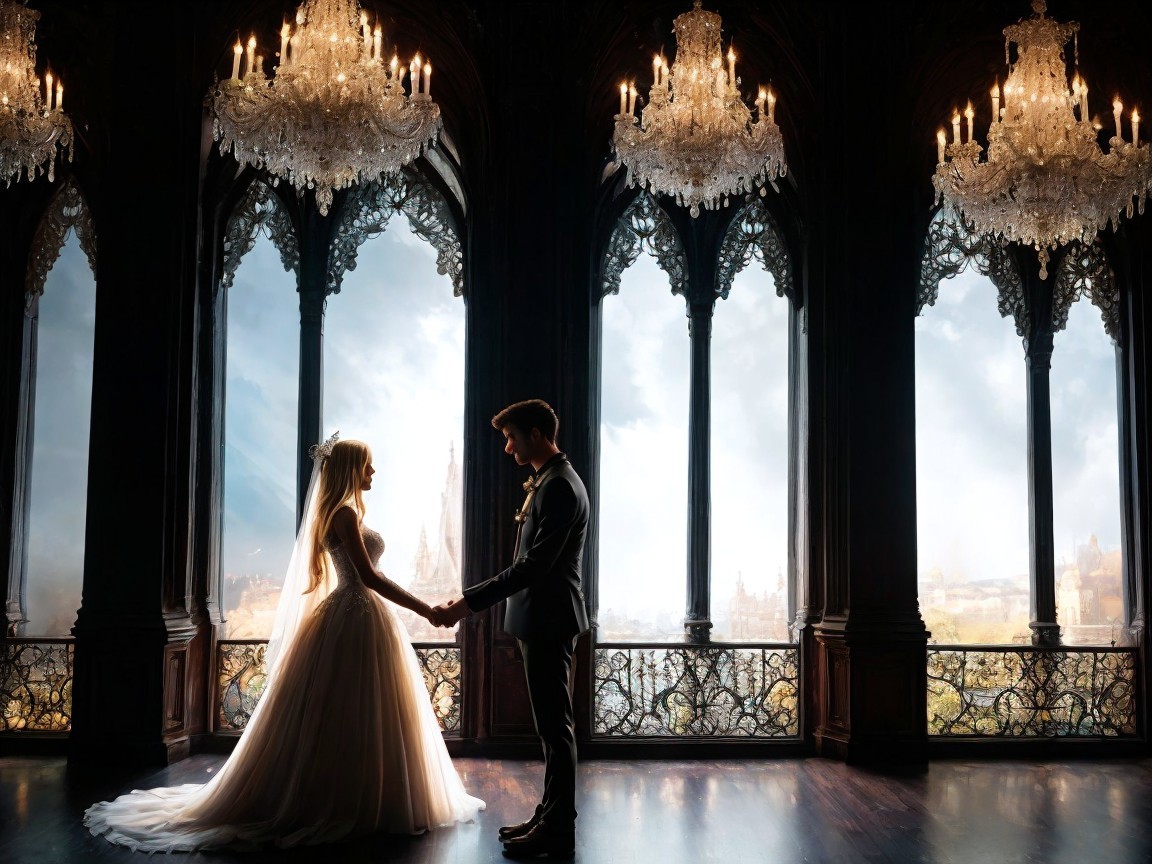 Bride and groom in opulent wedding venue silhouette