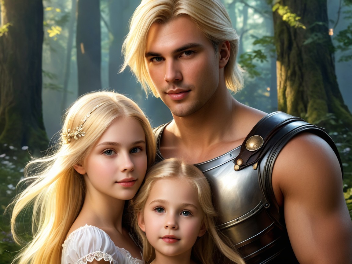 Sunlit Forest Scene with Strong Man and Two Girls