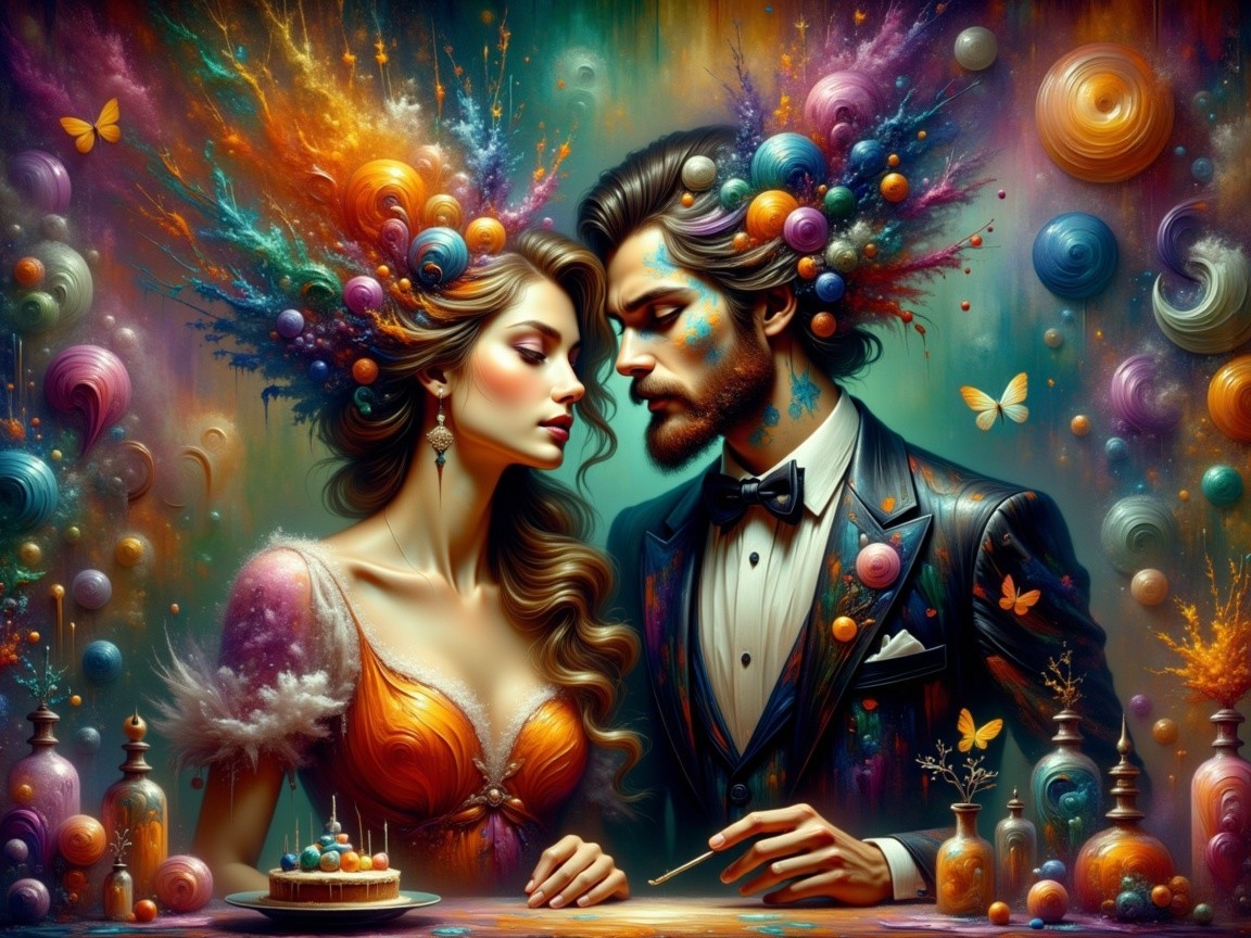 Romantic Couple Surrounded by Colorful Abstract Art