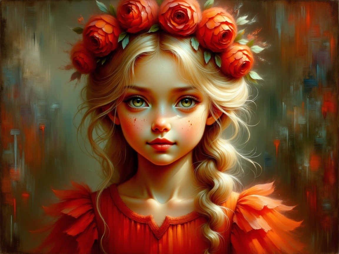 Young girl with green eyes and red rose crown