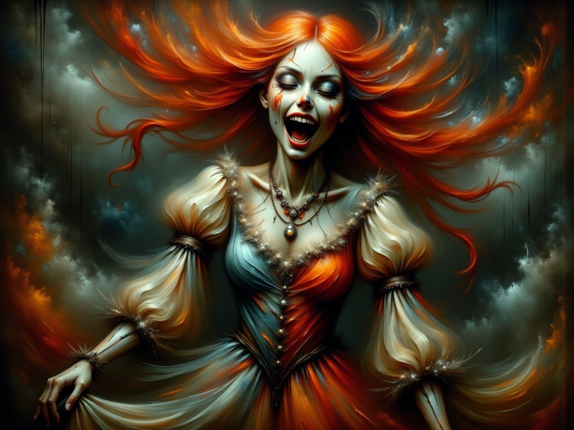 Vibrant Figure with Red Hair in Dark Fantasy Scene