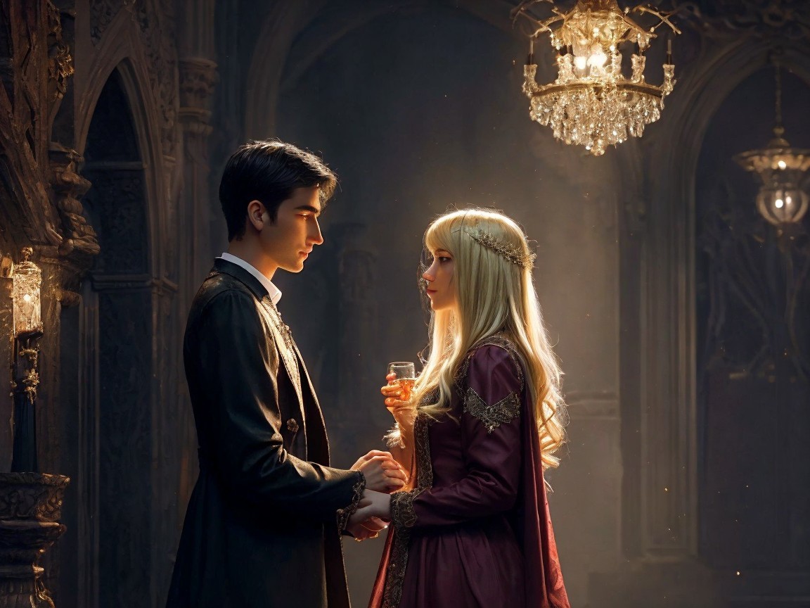 Romantic Scene in an Opulent, Dimly Lit Room