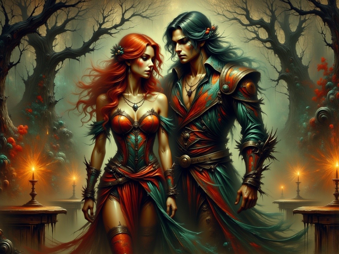 Fantasy Scene of Red-Haired Woman and Blue-Haired Man