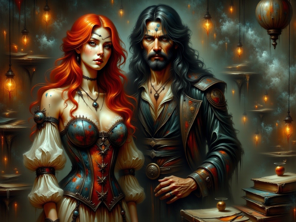 Couple in Ornate Costumes Against Mystical Backdrop