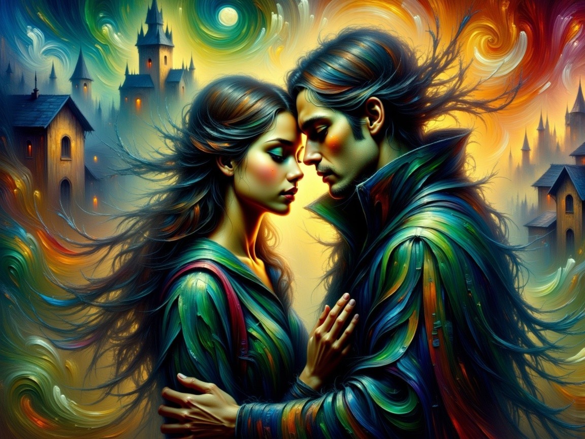 Surreal Painting of Embracing Couple with Colorful Background