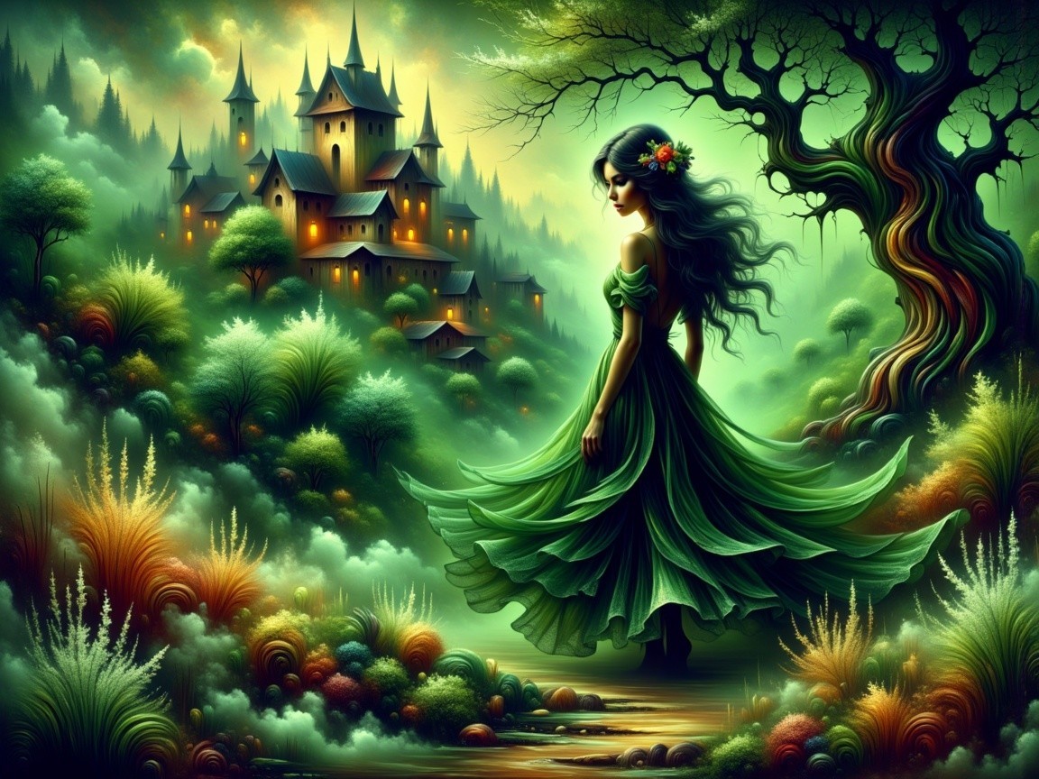 Mystical Scene with Woman by Tranquil Stream and Castle