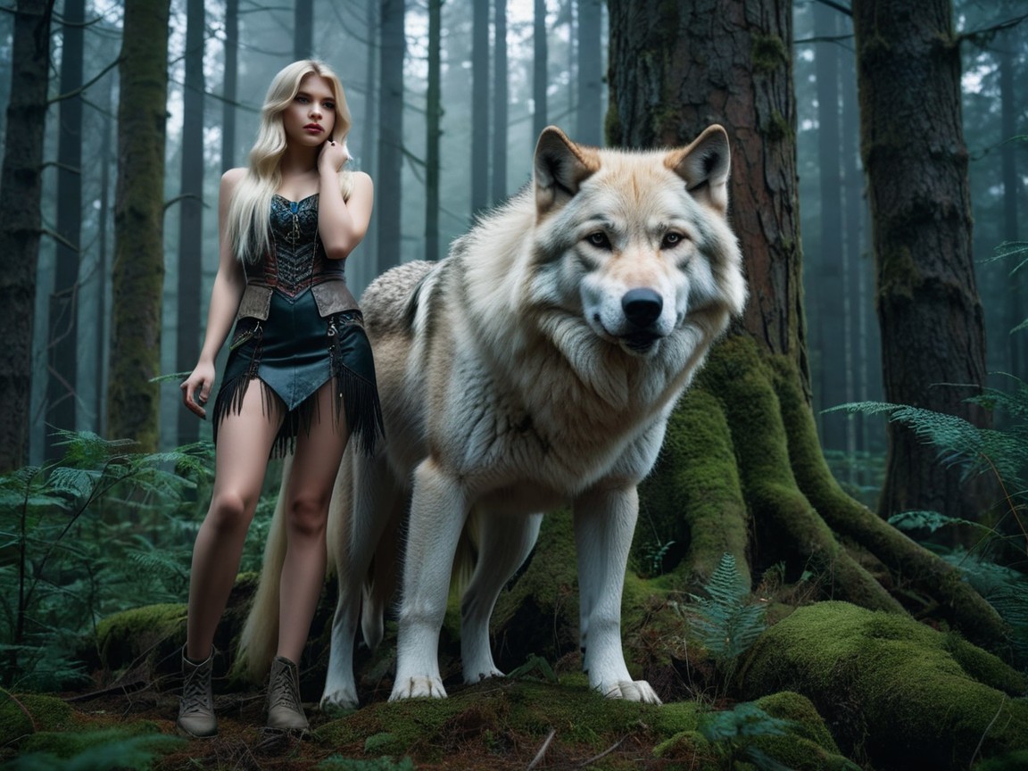 Young Woman and Majestic Wolf in Misty Forest