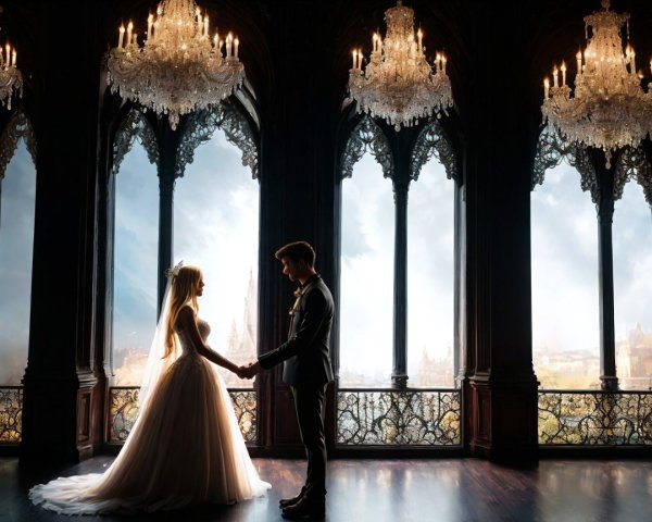 Bride and groom in opulent wedding venue silhouette