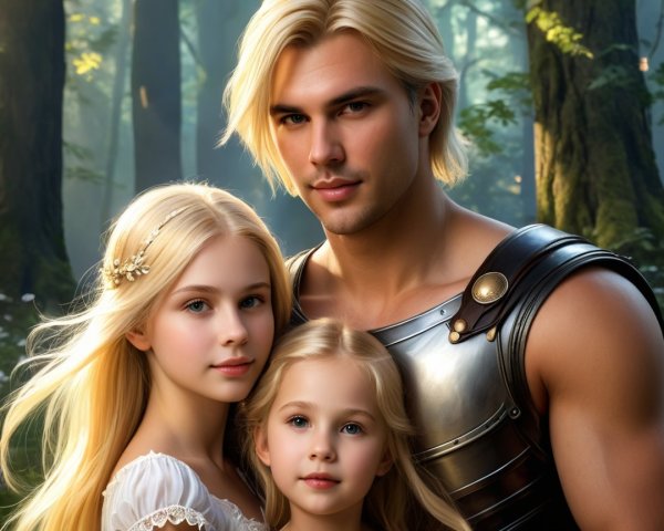 Sunlit Forest Scene with Strong Man and Two Girls