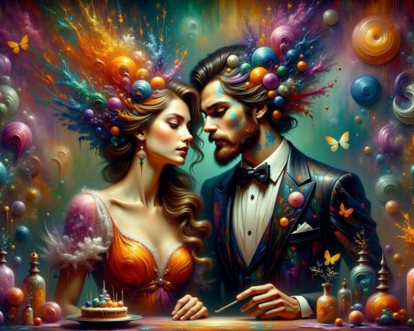 Romantic Couple Surrounded by Colorful Abstract Art