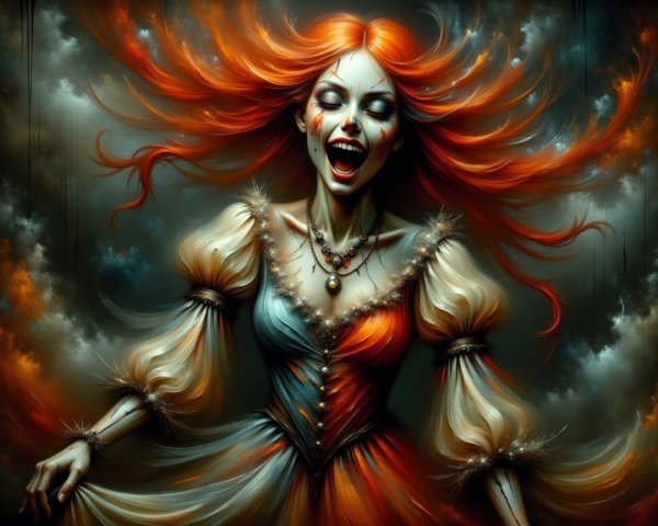 Vibrant Figure with Red Hair in Dark Fantasy Scene