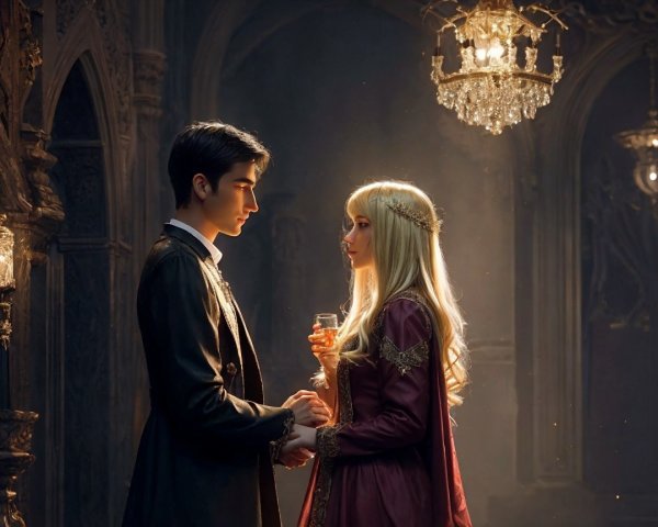 Romantic Scene in an Opulent, Dimly Lit Room