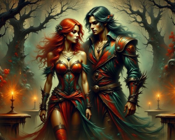 Fantasy Scene of Red-Haired Woman and Blue-Haired Man