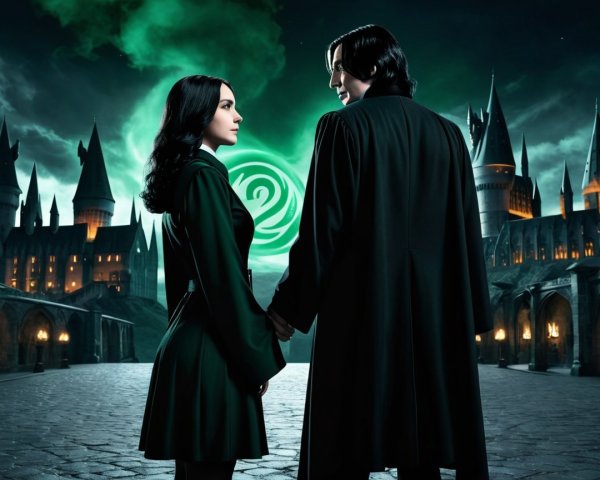 Gothic Couple in Dark Castle Atmosphere with Green Light