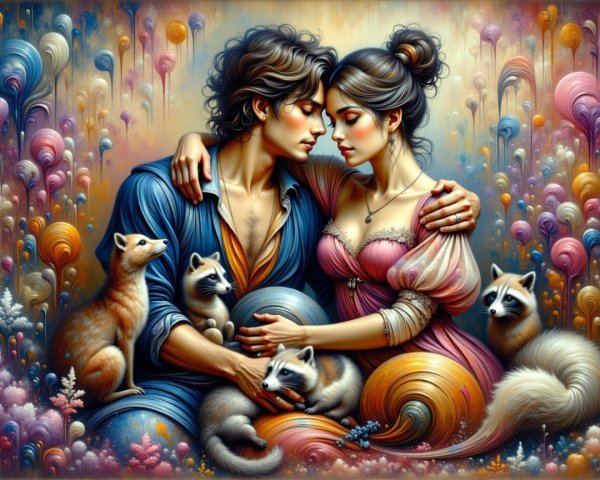 Couple Embracing in a Whimsical Colorful Scene