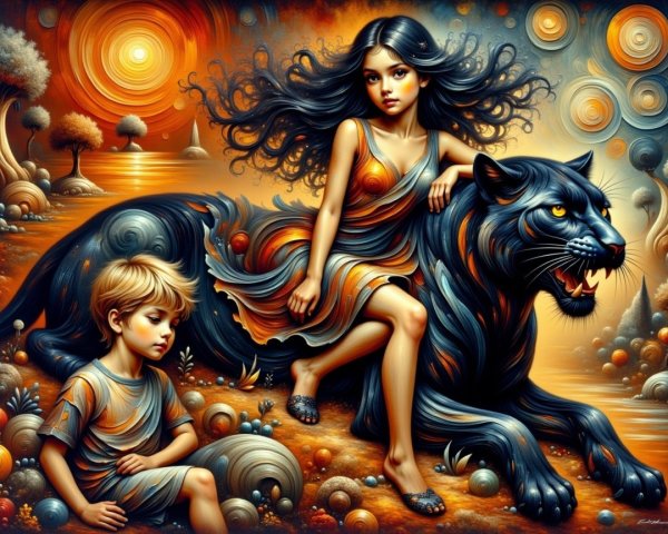 Young girl on black panther in dreamlike landscape