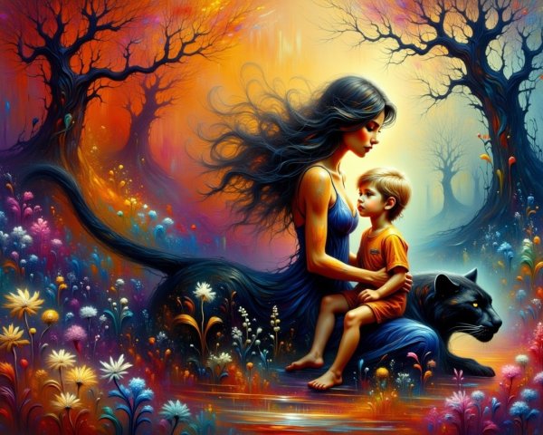 Surreal Landscape with Woman, Boy, and Panther