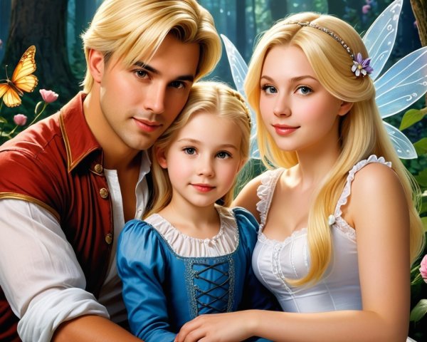 Charming Couple and Young Girl in Whimsical Forest
