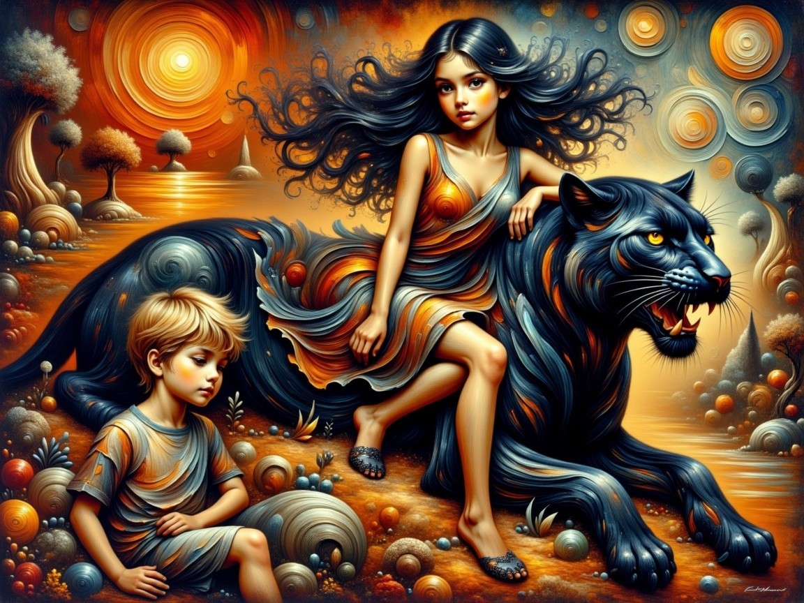 Young girl on black panther in dreamlike landscape