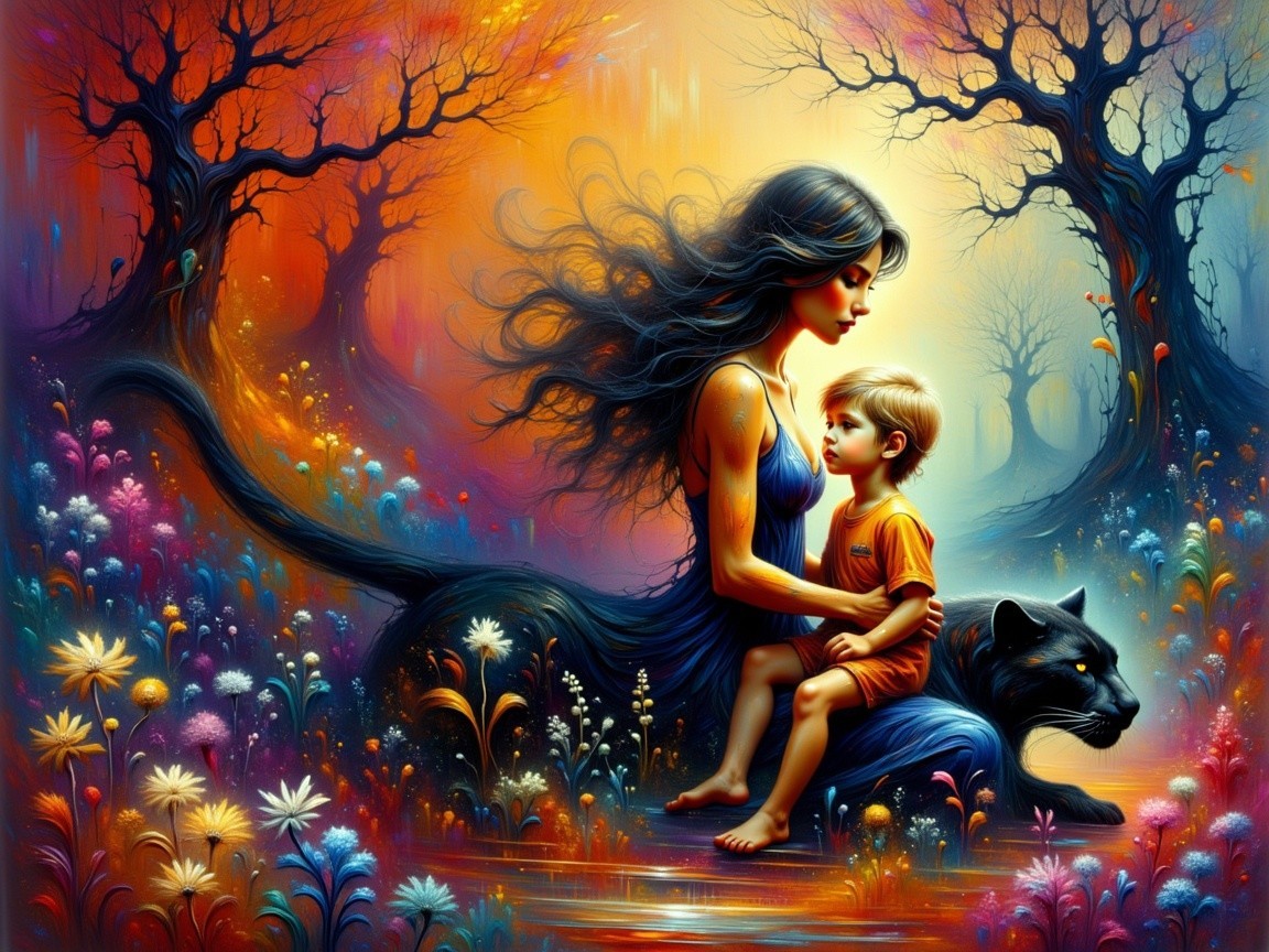 Surreal Landscape with Woman, Boy, and Panther